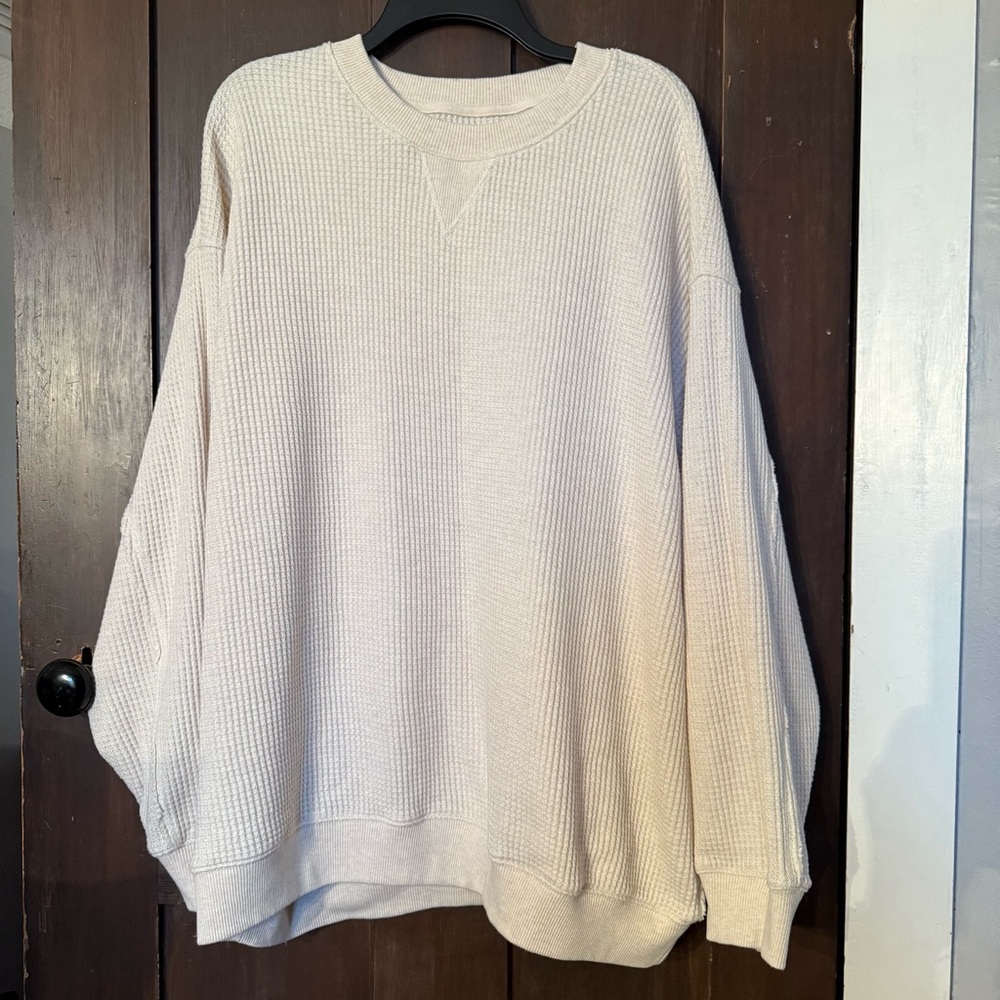 American Eagle Cozy Waffle Knit Crewneck Sweater - Cream